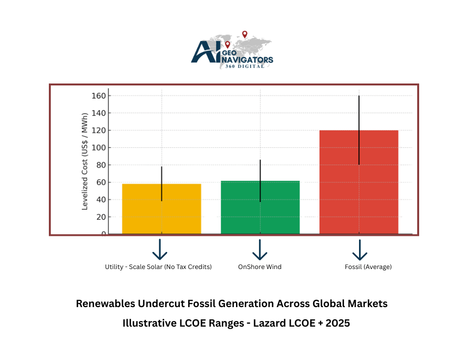 The Lazard LCOE+ 2025 Report puts utility-scale solar (without tax credits) between US$38 and $78 per MWh, and onshore wind between $37 and $86. Fossil fuels