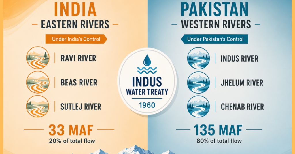 Indus Water Treaty Rivers — Eastern vs Western River Allocation Infographic