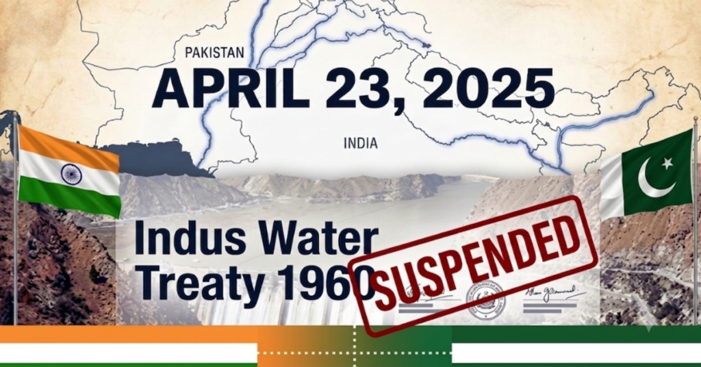 Editorial illustration representing India's April 2025 announcement placing the Indus Water Treaty suspended in abeyance following the Pahalgam terror attack