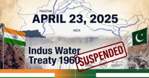 Editorial illustration representing India's April 2025 announcement placing the Indus Water Treaty suspended in abeyance following the Pahalgam terror attack