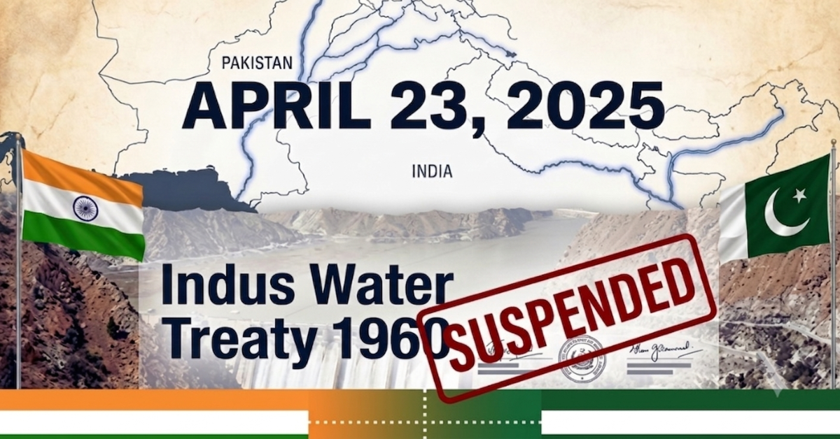 Editorial illustration representing India's April 2025 announcement placing the Indus Water Treaty suspended in abeyance following the Pahalgam terror attack