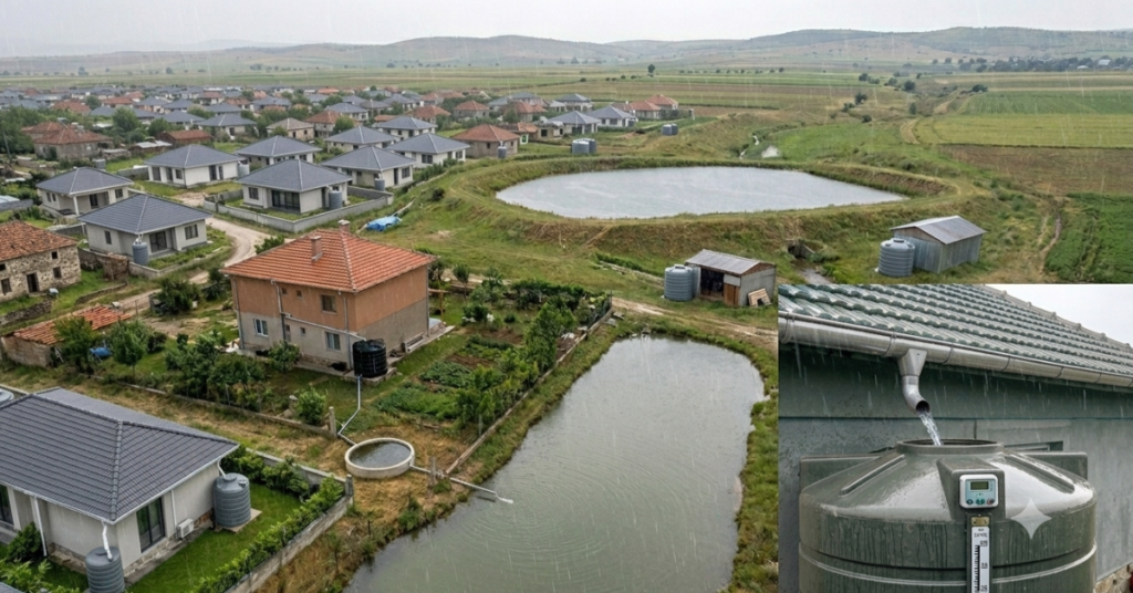 Different rainwater harvesting methods, including rooftop tanks, recharge pits, and farm ponds