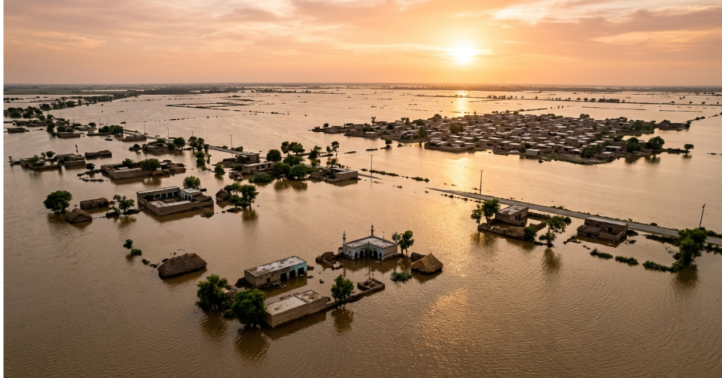 Aerial view of submerged villages and farmland in Pakistan during the catastrophic 2022 climate change floods