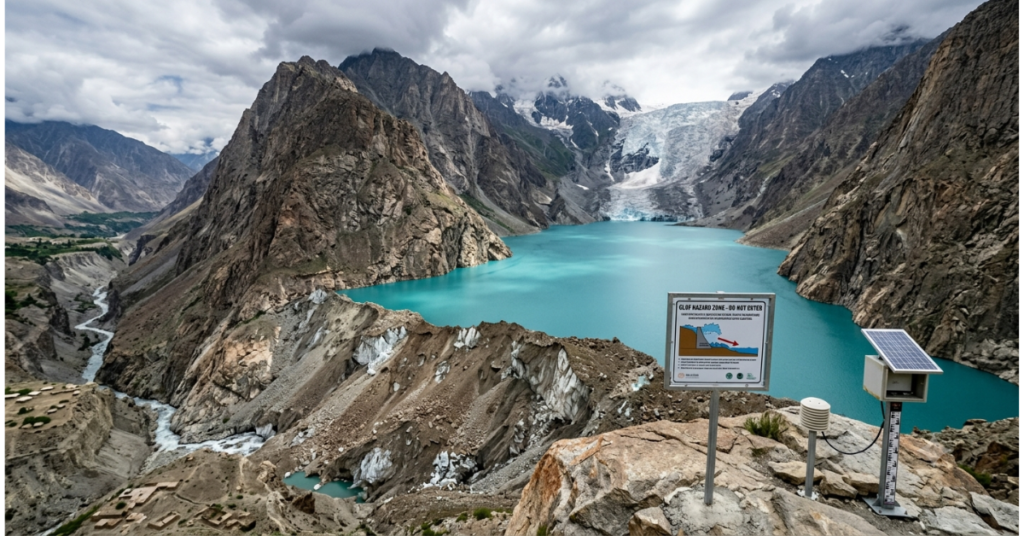 Glacial lake in a northern Pakistan valley with hazard markers showing GLOF risk to downstream communities