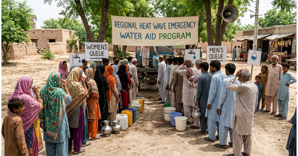 People in Pakistan lining up for water during an extreme heat wave caused by climate change