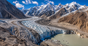 Retreating glaciers in northern Pakistan's Hindu Kush mountains showing visible ice loss from climate change