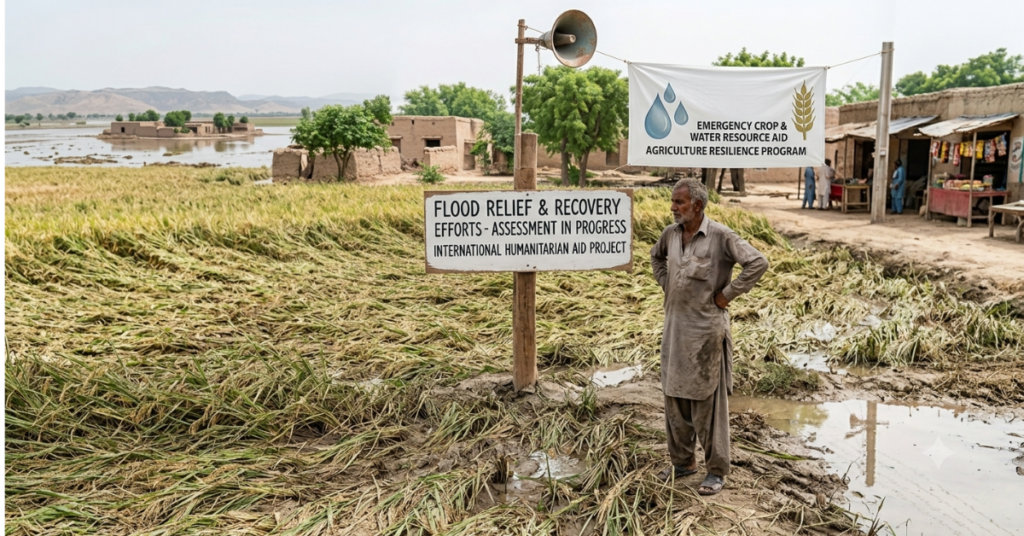 Destroyed wheat fields in Sindh, Pakistan after monsoon flooding intensified by climate change