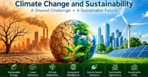 Climate change and sustainability: showing environmental damage on one side and clean energy and green solutions on the other