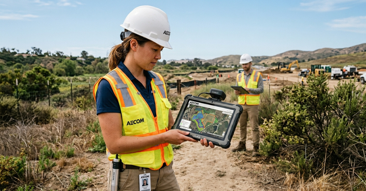 Environmental consulting services: conducting field assessment with GIS tablet showing spatial data layers for environmental impact study