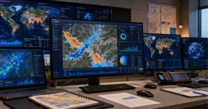 AI in disaster management flood forecasting dashboard showing machine learning predictions and flood risk zones across multiple countries