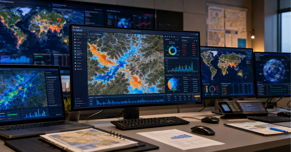 AI in disaster management flood forecasting dashboard showing machine learning predictions and flood risk zones across multiple countries