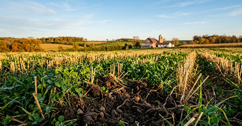 Regenerative sustainable agriculture showing cover crops and soil health practices that reduce emissions and support climate sustainability
