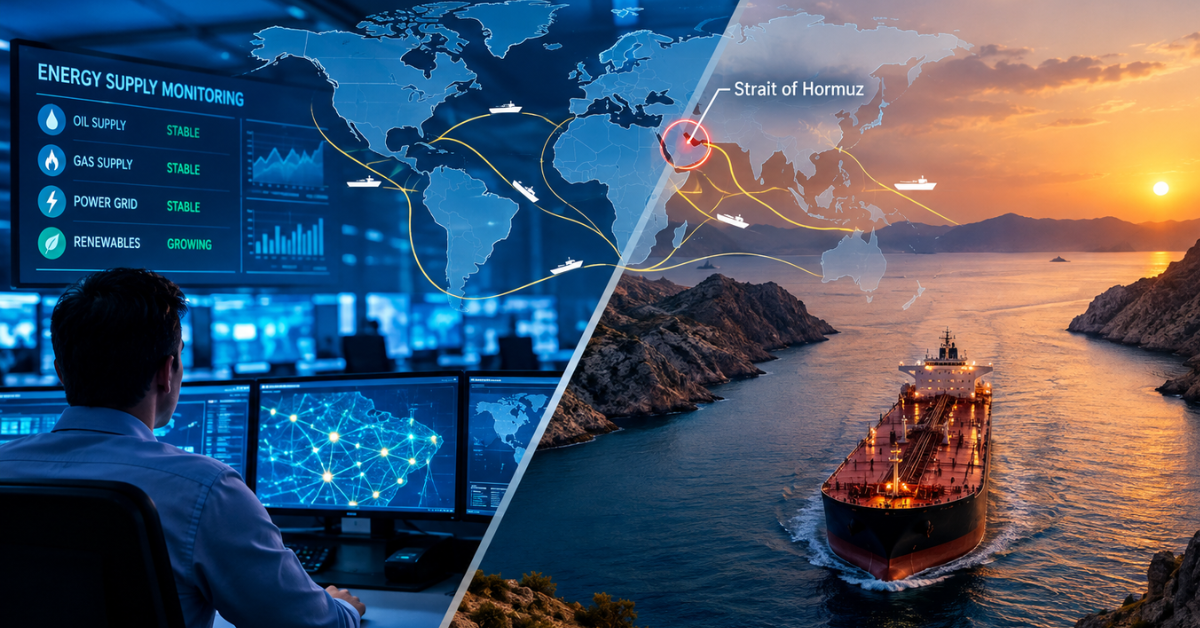 Energy security: Split illustration showing a national power grid control room and a cargo tanker moving through a narrow strait, representing energy supply routes and grid stability