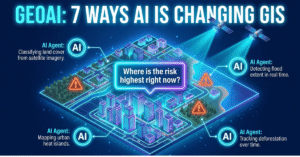 GeoAI applications across geospatial data: Isometric illustration of a glowing digital city and map with labeled AI agent nodes