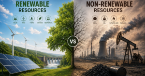 Renewable resources vs nonrenewable: Showing Solar panels and wind turbines beside a coal power plant