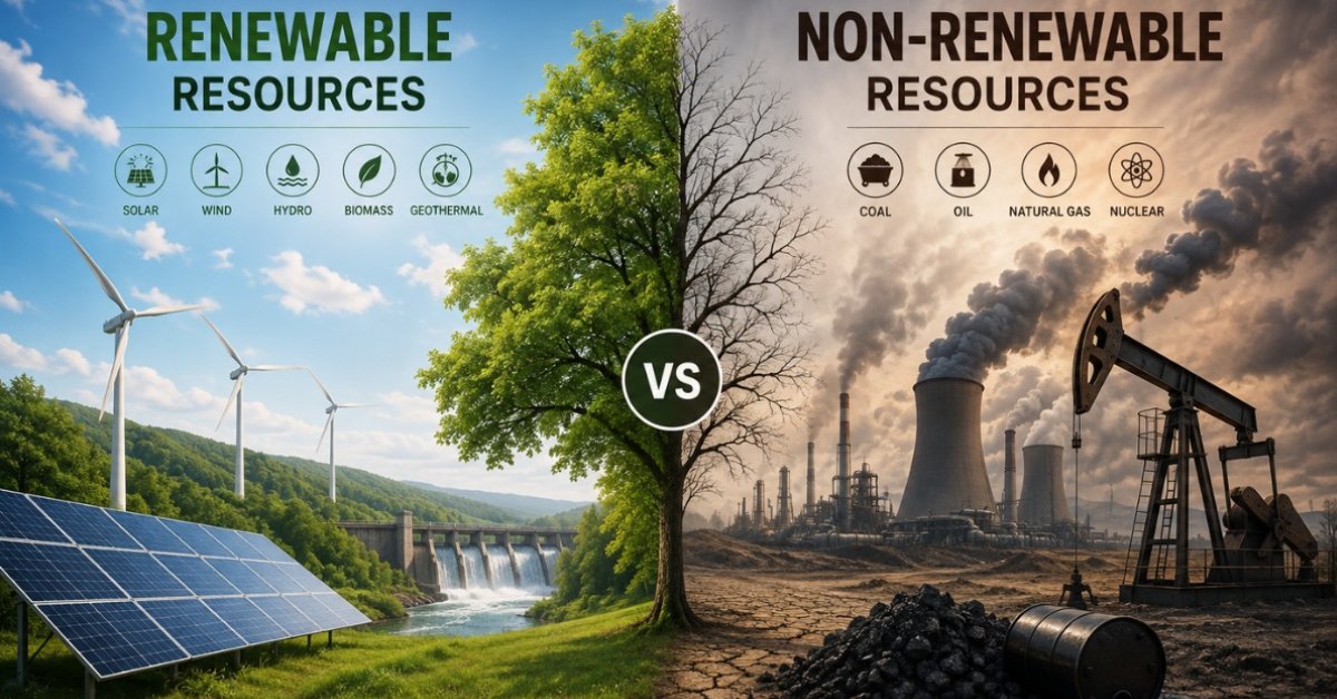 Renewable resources vs nonrenewable: Showing Solar panels and wind turbines beside a coal power plant