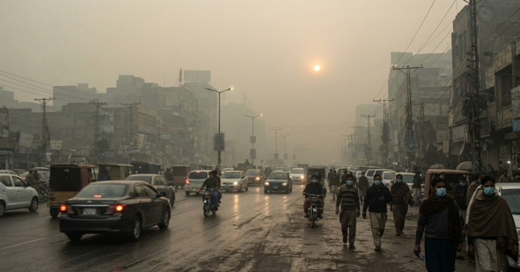 Smog in Pakistan:Thick smog over a Lahore street in winter