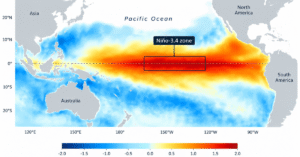 Map of the tropical Pacific showing unusually warm water during the super El Niño 2026